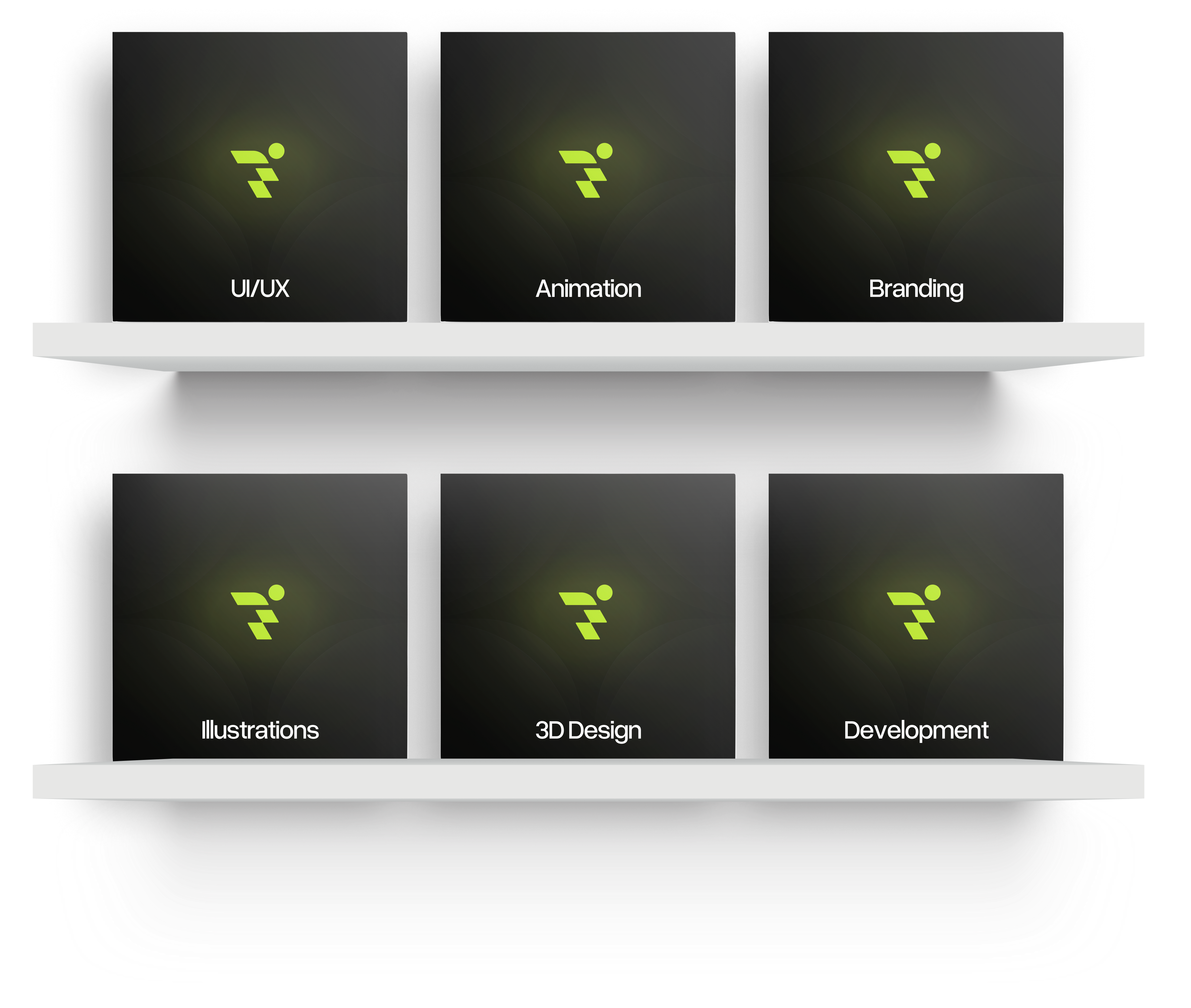 Service shelf: UI/UX, Animation, Branding, Illustrations, 3D Design, Development