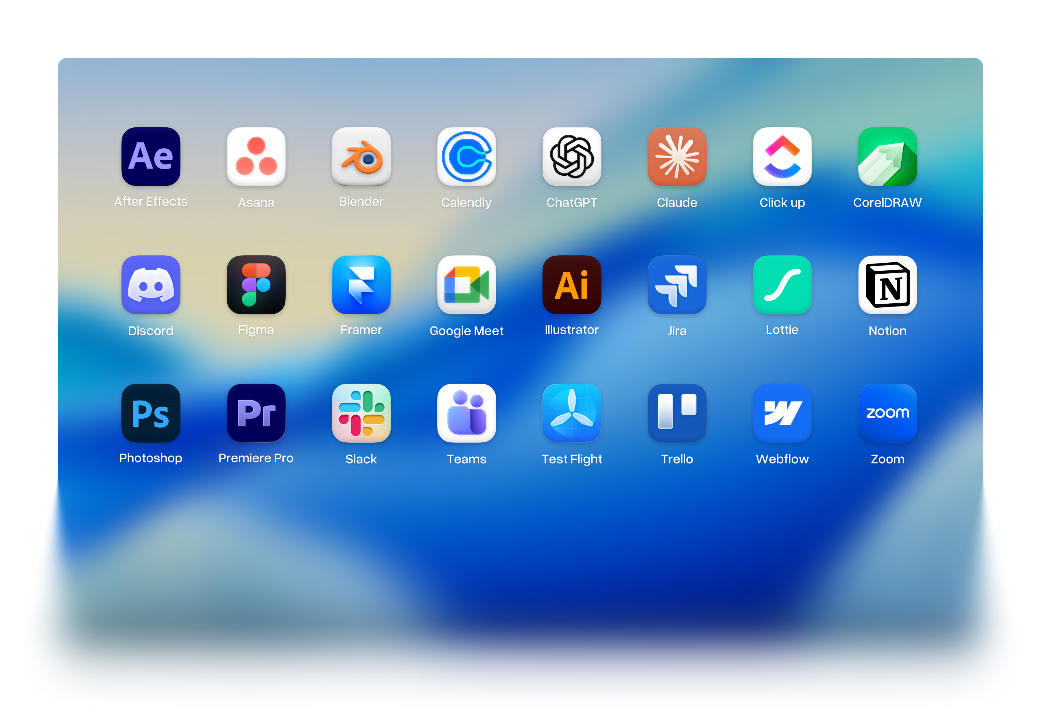 MacBook displaying a grid of 24 design and productivity tool icons