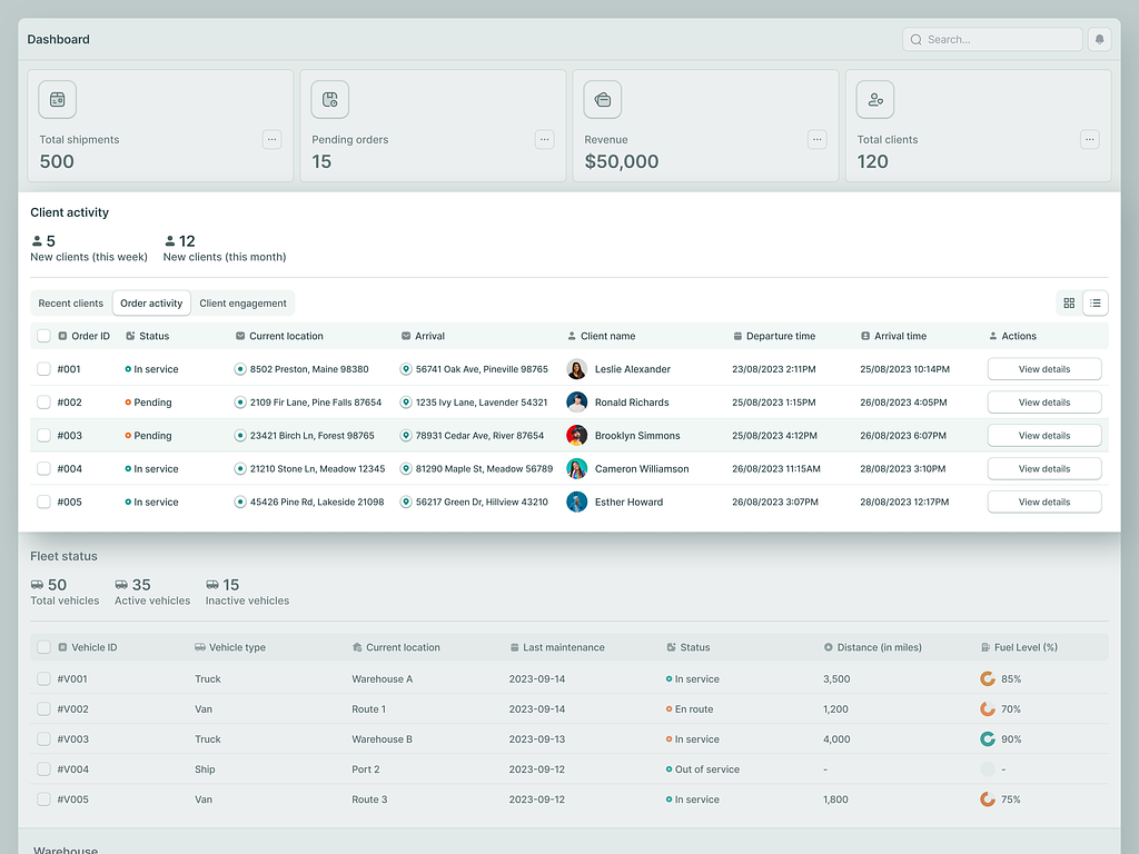 Design in Logistics: Shiptrack- Order Activity Table Component Shipment Tracking Web